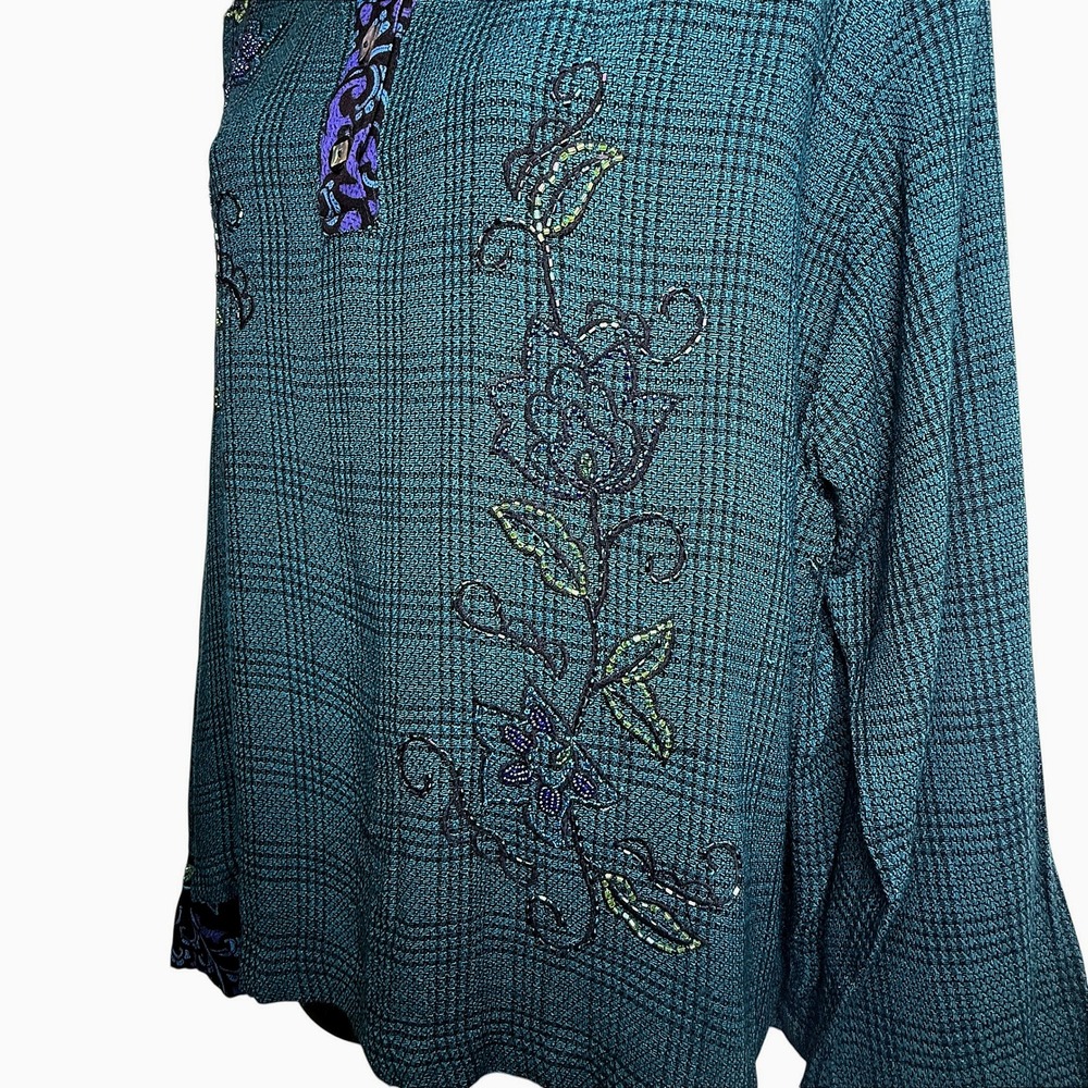 Faith by Celia Forrester Womens Embroidered Beaded Plaid Long Sleeve Tunic XL - Picture 8 of 11